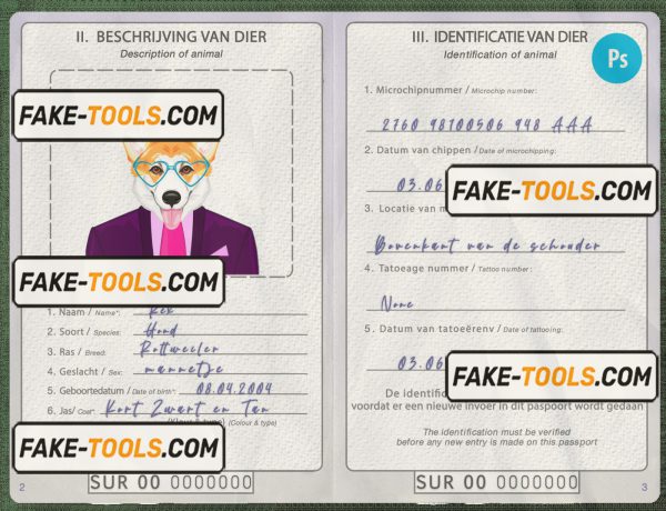 Suriname dog (animal, pet) passport PSD template, fully editable scan effect