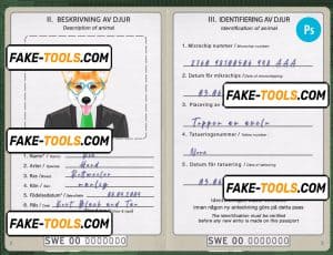 Sweden dog (animal, pet) passport PSD template, completely editable