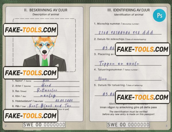 Sweden dog (animal, pet) passport PSD template, completely editable scan effect