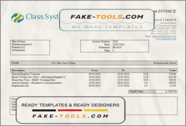 Switzerland Class System invoice template in Word and PDF format, fully editable scan effect
