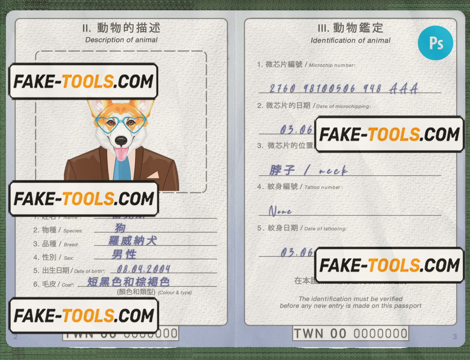 Taiwan dog (animal, pet) passport PSD template, fully editable scan effect