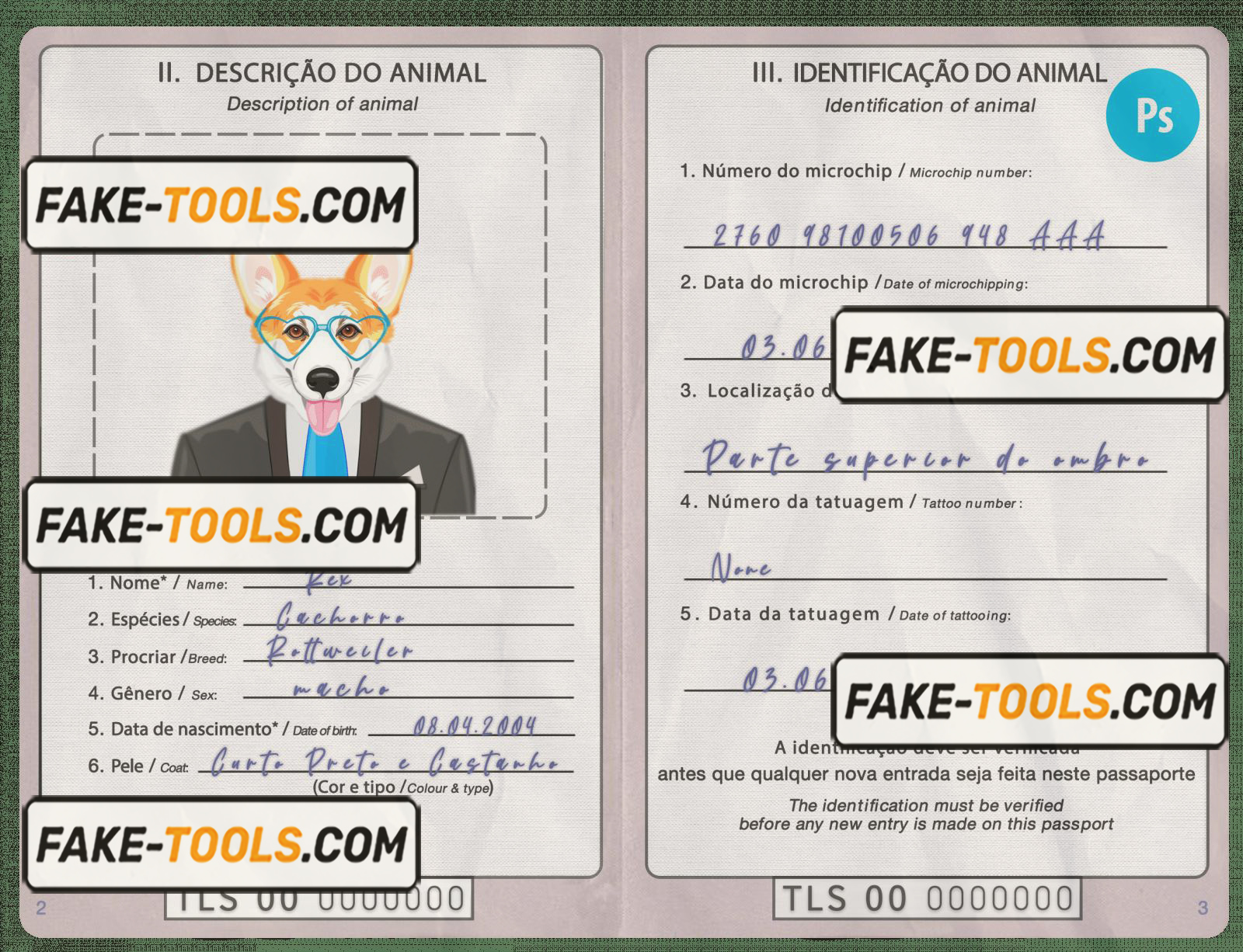 Timor-Leste dog (animal, pet) passport PSD template, fully editable scan effect