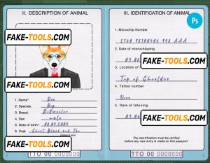 Trinidad and Tobago dog (animal, pet) passport PSD template, fully editable