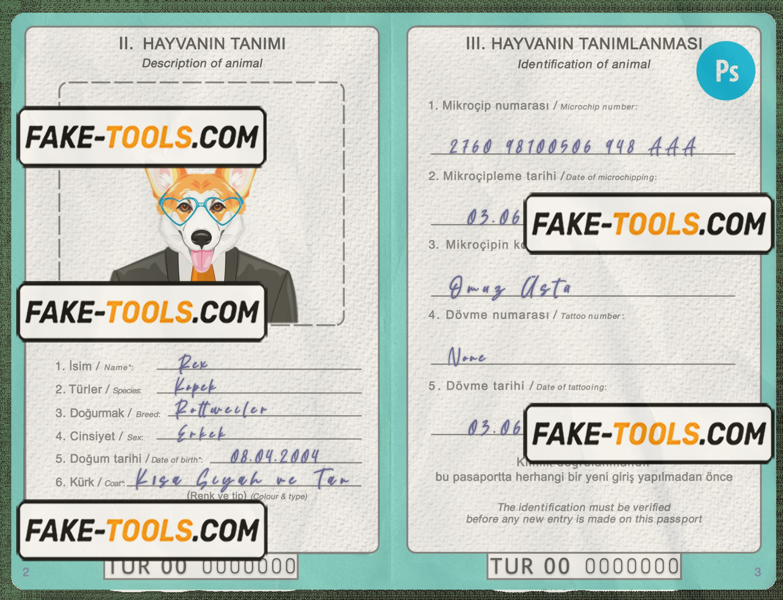 Turkey dog (animal, pet) passport PSD template, completely editable scan effect