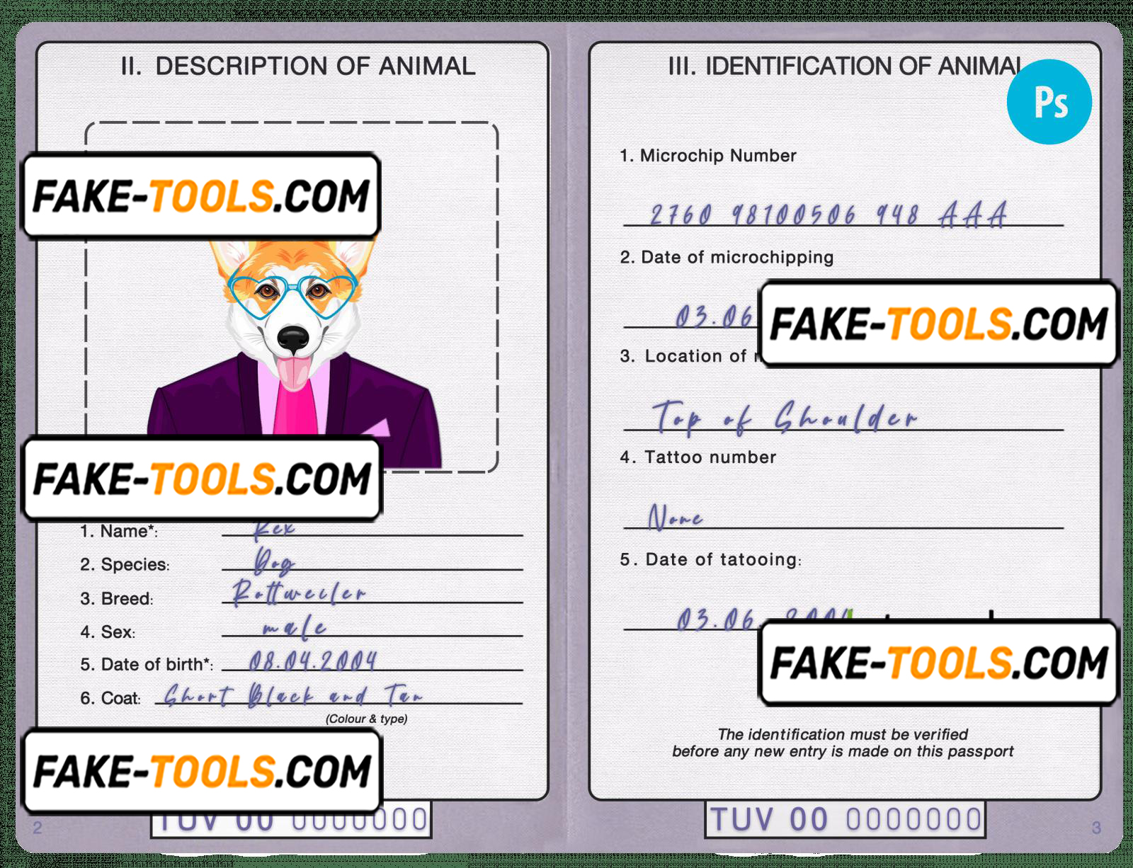 Tuvalu dog (animal, pet) passport PSD template, completely editable