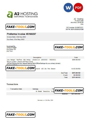 USA A2 Hosting invoice Word and PDF template