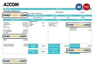 USA AECOM construction company pay stub Word and PDF template
