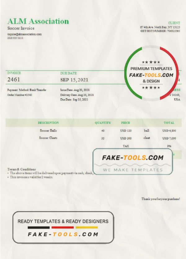 USA ALM Association invoice template in Word and PDF format, fully editable scan effect