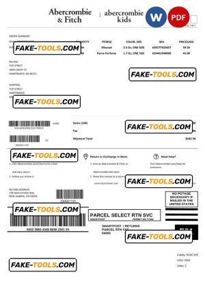 USA Abercrombie & Fitch invoice template Word and PDF template, fully editable