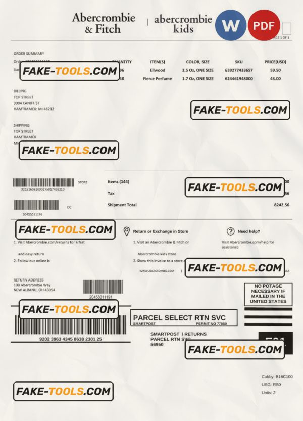 USA Abercrombie & Fitch invoice template Word and PDF template, fully editable scan effect