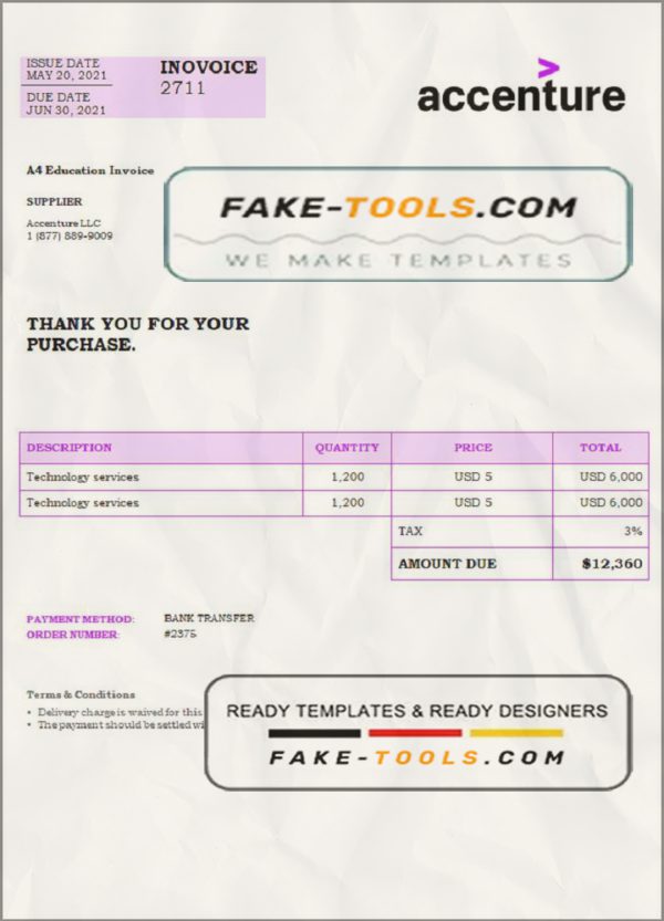 USA Accenture invoice template in Word and PDF format, fully editable scan effect