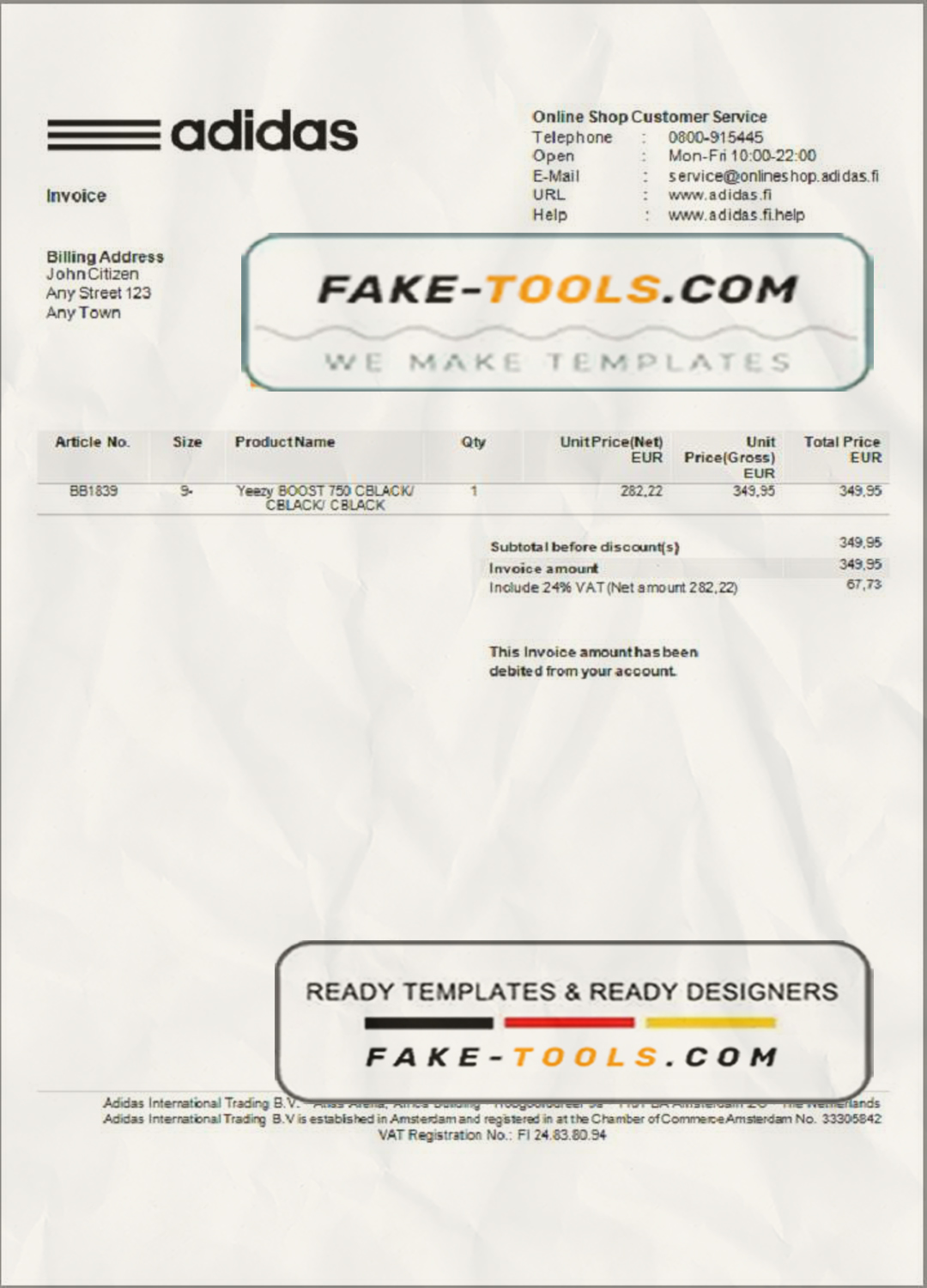 USA Adidas invoice template in Word and PDF format, fully editable scan effect