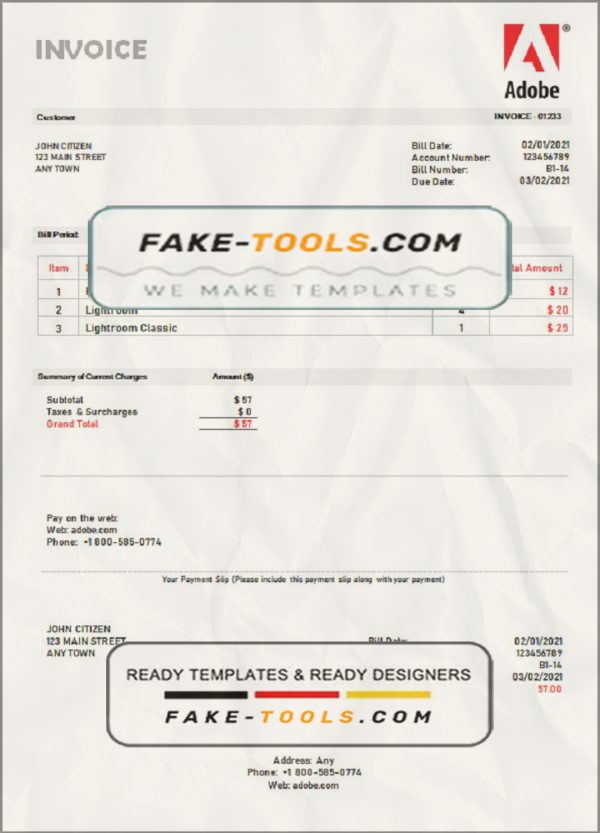 USA Adobe invoice template in Word and PDF format, fully editable scan effect