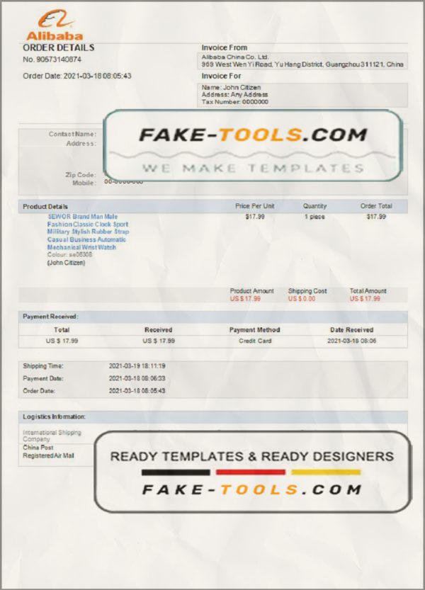 USA Alibaba invoice template in Word and PDF format, fully editable scan effect