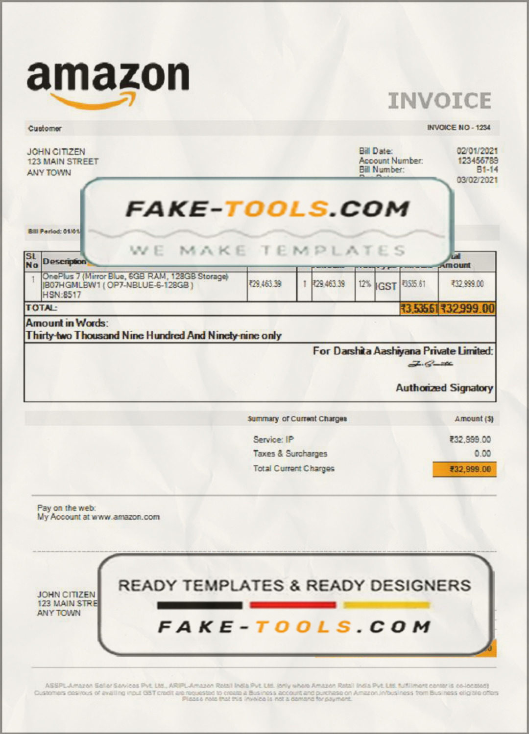 USA Amazon invoice template in Word and PDF format, fully editable scan effect