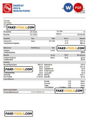 USA American Axle manufacturing company pay stub Word and PDF template