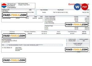 USA American Excelsior distribution company pay stub Word and PDF template