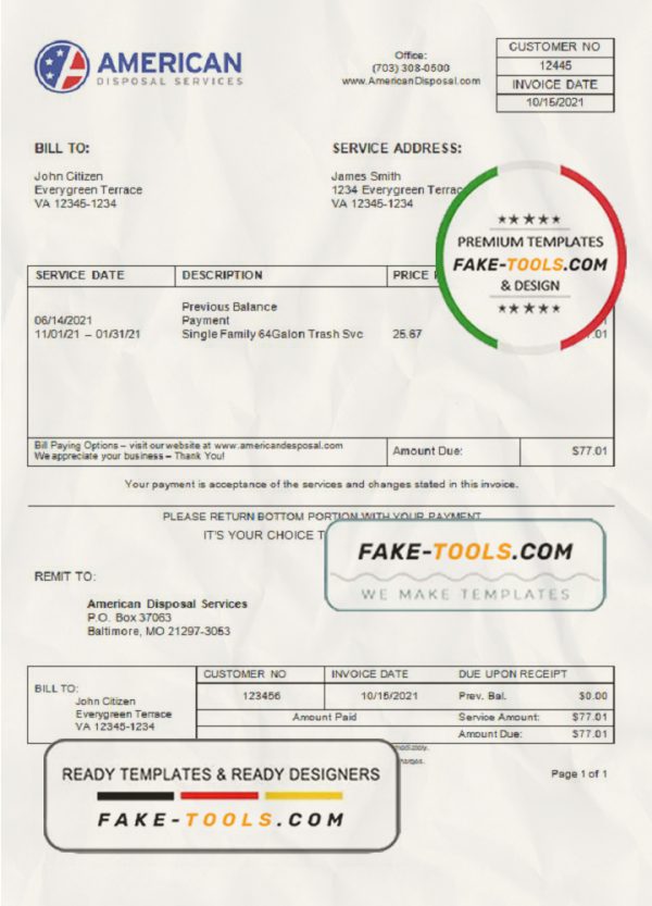 USA American Disposal invoice template in Word and PDF format, fully editable scan effect