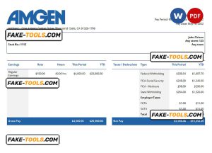 USA Amgen biotechnology company pay stub Word and PDF template