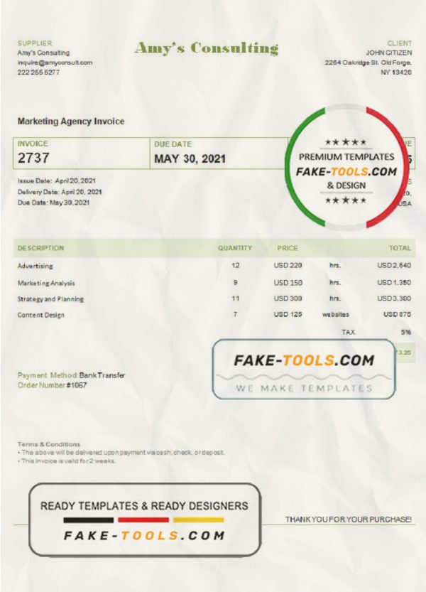 USA Amy’s Consulting invoice template in Word and PDF format, fully editable scan effect