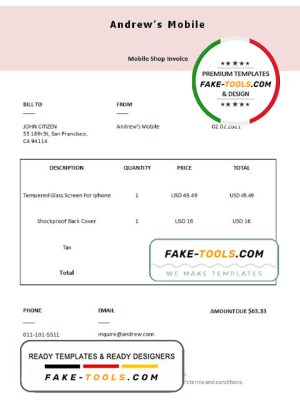 USA Andrew’s Mobile invoice template in Word and PDF format, fully editable