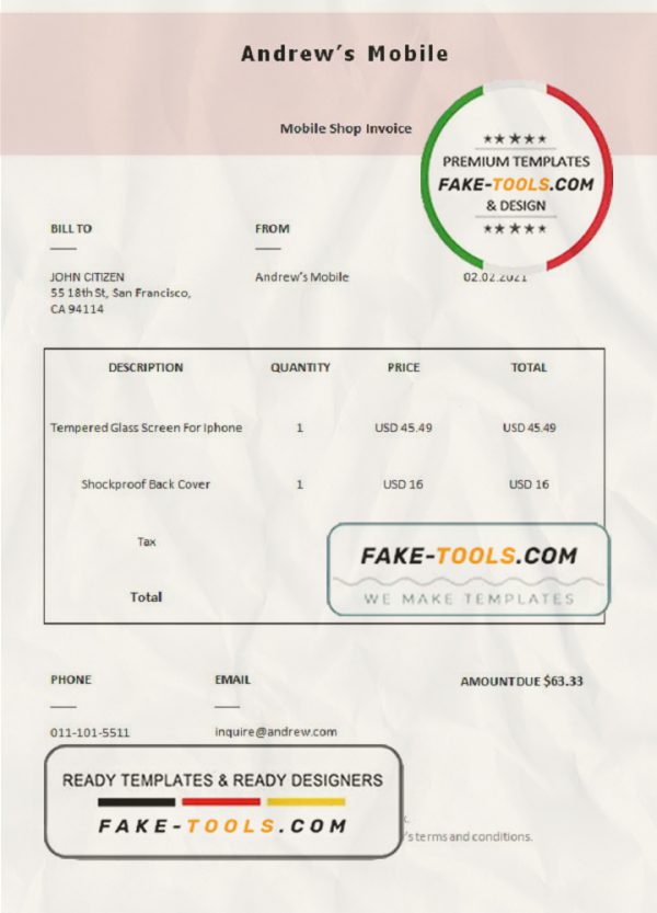 USA Andrew’s Mobile invoice template in Word and PDF format, fully editable scan effect