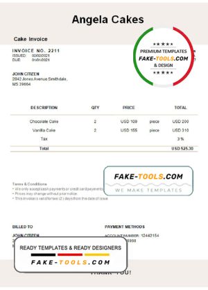 USA Angela Cakes invoice template in Word and PDF format, fully editable
