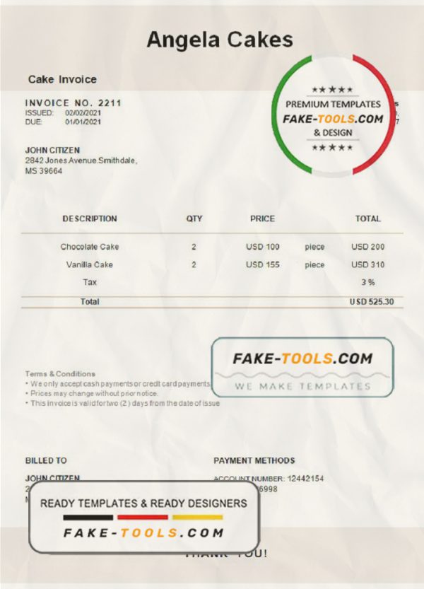 USA Angela Cakes invoice template in Word and PDF format, fully editable scan effect