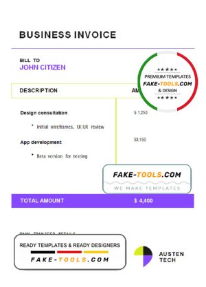 USA Austen Tech Company invoice template in Word and PDF format, fully editable