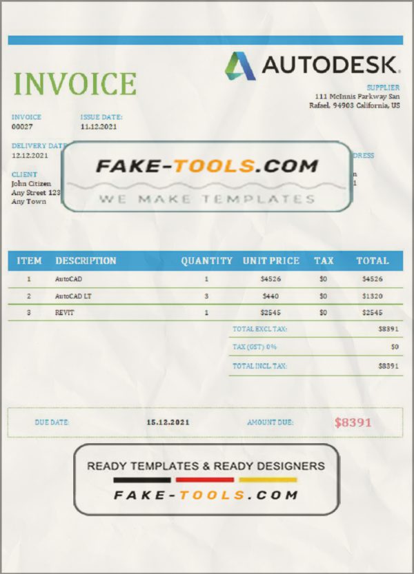 USA Autodesk invoice template in Word and PDF format, fully editable scan effect