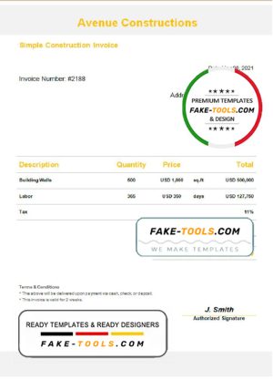 USA Avenue Constructions invoice template in Word and PDF format, fully editable