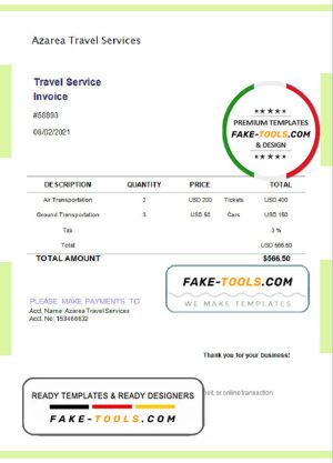USA Azarea Travel Services invoice template in Word and PDF format, fully editable