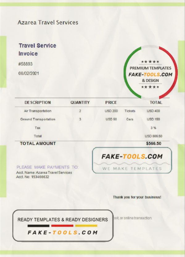 USA Azarea Travel Services invoice template in Word and PDF format, fully editable scan effect