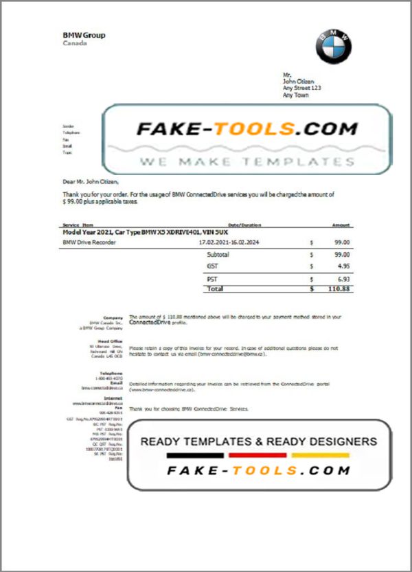 USA BMW invoice template in Word and PDF format, fully editable