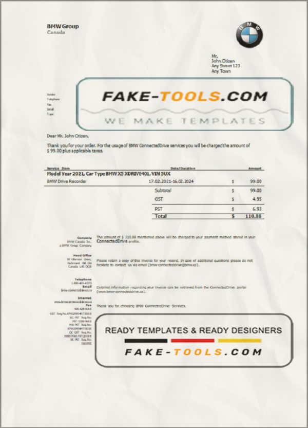 USA BMW invoice template in Word and PDF format, fully editable scan effect