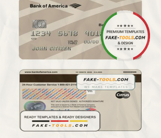 USA Bank of America bank MasterCard template in PSD format, fully editable scan effect