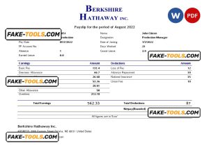 USA Berkshire Hathaway conglomerate company pay stub Word and PDF template