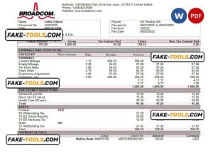 USA Broadcom semiconductor company pay stub Word and PDF template