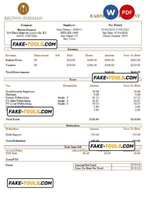 USA Brown Forman alcoholic  beverages company pay stub Word and PDF template
