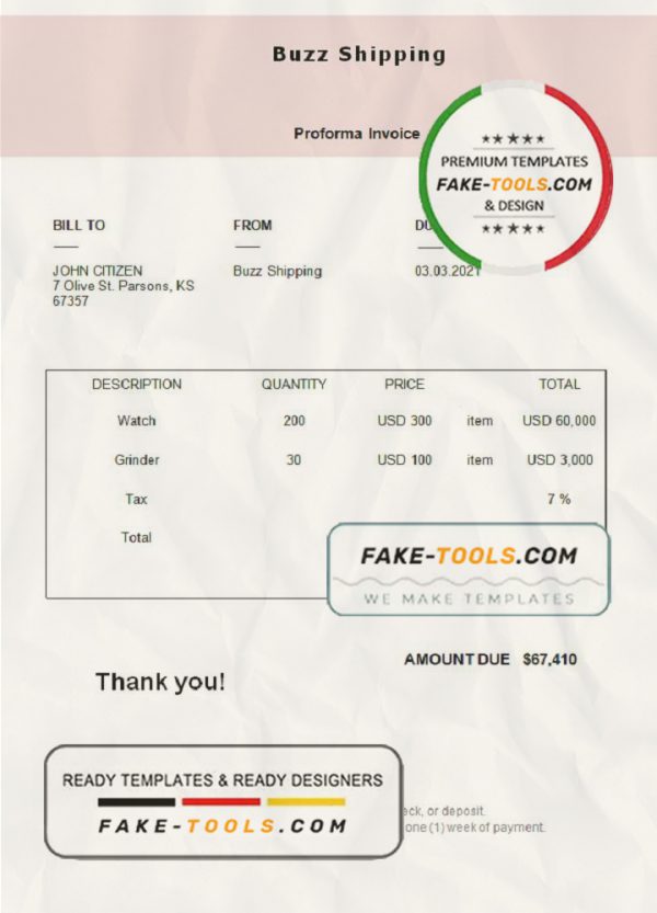 USA Buzz Shipping invoice template in Word and PDF format, fully editable scan effect
