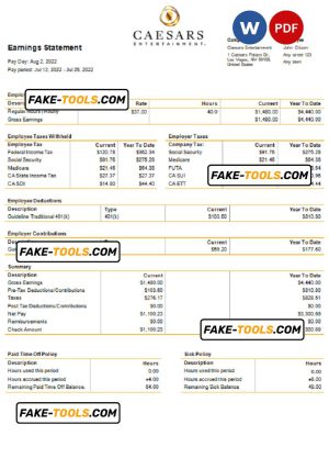 USA Caesars Entertainment casino and resort company pay stub Word and PDF template