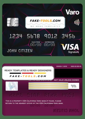 USA California Varo bank visa signature card fully editable template in PSD format