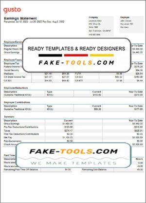 USA California business providing company earnings statement template in Word and PDF format