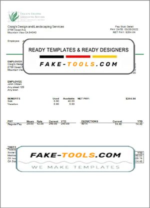 USA California design & landscaping services company pay stub template in Word and PDF format