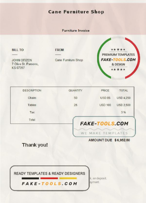 USA Cane Furniture Shop invoice template in Word and PDF format, fully editable scan effect