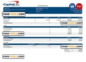 USA Capital One banking company pay stub Word and PDF template