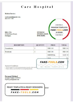 USA Care Hospital invoice template in Word and PDF format, fully editable