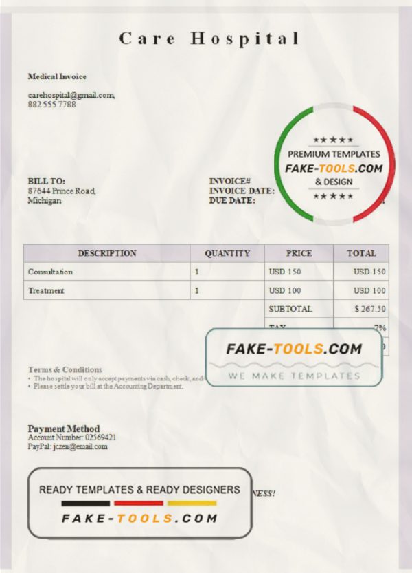 USA Care Hospital invoice template in Word and PDF format, fully editable scan effect