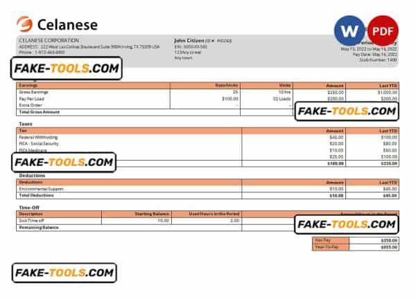 USA Celanese technology company pay stub Word and PDF template