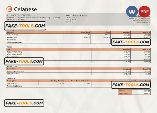 USA Celanese technology company pay stub Word and PDF template